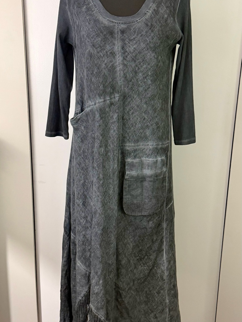 Washed Blue 100% Linen Long Sleeve Maxi Dress with Front Pocket